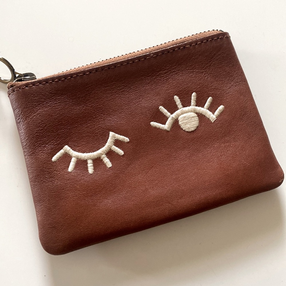Madewell Brown Leather Eye Embroidered Zip Wallet